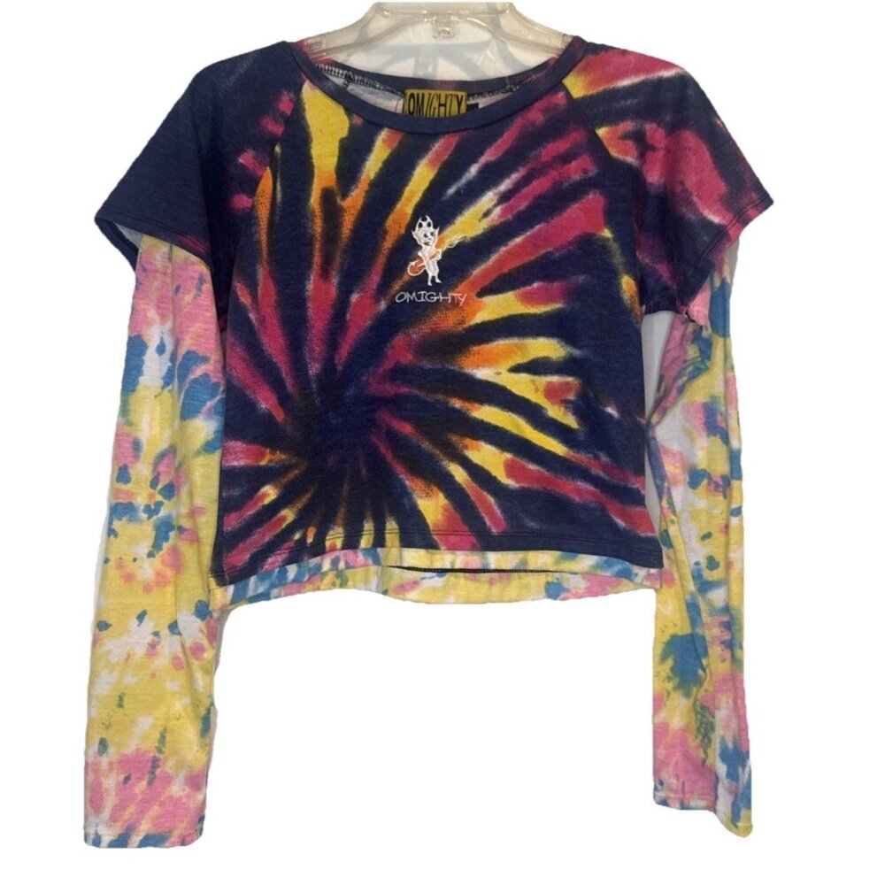 O Mighty Rainbow Tie Dye Crop Long Sleeve Knit T Shirt Top Sz L Retro Hippie Y2K